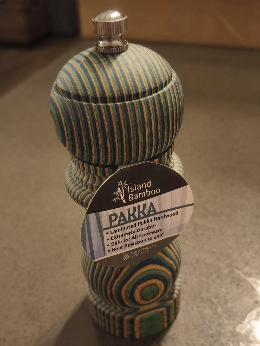 Island Bamboo PAKKA Laminated Hardwood Salt/ Pepper Mill - Teal & Yellow Stripes